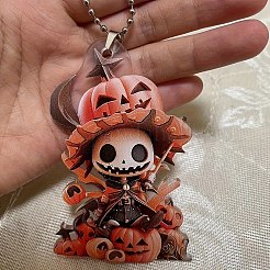 ハロウィーンの頭蓋骨とカボチャのアクリルペンダントデコレーション  ぶら下げ飾り  オレンジ  80x59x3mm&nbsp;PW-WG095CF-01