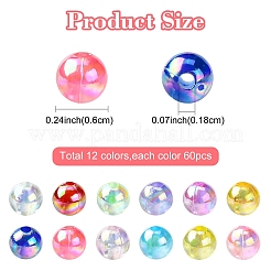 12色透明アクリルビーズ  ab色メッキ  ラウンド  ミックスカラー  6mm  穴：1.8mm  約60PCS /カラー&nbsp;MACR-YW0003-12