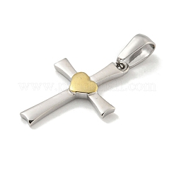 304ステンレスペンダント  ハートチャーム付きクロス  ゴールデン·ステンレス鋼色  23.5x16x2.5mm  穴：7x3.5mm&nbsp;STAS-C102-14GP