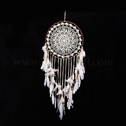 Handmade Round Cotton Woven Net/Web with Feather Wall Hanging Decoration&nbsp;HJEW-G015-02A