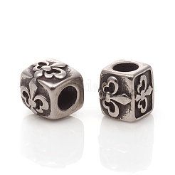 304ステンレススチールヨーロピアンビーズ  大穴ビーズ  fleur de lisの直方体  アンティークシルバー  7.5x8x7~7.5mm  穴：4mm&nbsp;STAS-I134-15AS