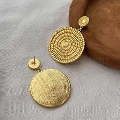 Textured Flat Round Brass Dangle Stud Earrings&nbsp;FS-WGE34DE-01