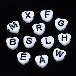 不透明なアクリルビーズ  ハート  ホワイト＆ブラック  ランダムな混合文字  7x7x3mm  穴：1.8mm  約4129個/500g&nbsp;SACR-S273-51-A01