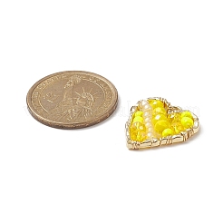日本の種とガラスビーズのペンダント  本物の18K金メッキ合金のパーツ付き  ハートチャーム  きいろ  22.5x21x4mm  穴：1.5mm&nbsp;PALLOY-TA00017-04