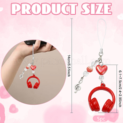 アクリル＆プラスチック製携帯ストラップ5個  ヘッドホン  レッド  140mm&nbsp;HJEW-YW00444