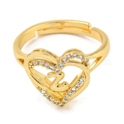 Heart with Letter Rack Plating Brass Micro Pave Clear Cubic Zirconia Adjustable Rings for Women&nbsp;RJEW-I105-01G-Z