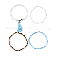 4Pcs 4 Style Glass Seed & Resin Evil Eye Beaded Stretch Bracelets Set&nbsp;BJEW-JB09896-02