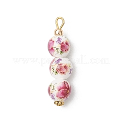 手作りの花柄磁器ペンダント3個  花  チベット風合金と真鍮を使用  ゴールドカラー  38.5x10mm  穴：3mm&nbsp;PALLOY-JF03974