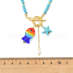 Summer Handmade Lampwork Colorful Fish and Starfish Pendant Dyed Synthetic Turquoise Round Beaded Necklaces with 304 Stainless Steel OT Clasps for Women&nbsp;NJEW-TA00240