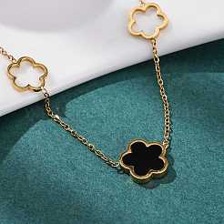 イオンプレーティング（IP）304ステンレススチール＆プラスチックフラワーペンダントネックレス（女性用）  18KGP本金メッキ  ブラック  16.61インチ（42.2cm）&nbsp;NJEW-P320-02G-03