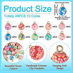 40個10色の手作りポリマー粘土ペンダント  花模様の丸  CCBパーツ  ミックスカラー  22~23x15~16.5mm  穴：2.5mm  4個/カラー&nbsp;CLAY-TA0001-95
