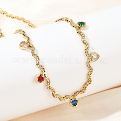 304 Stainless Steel Rope Chain Colorful Cubic Zirconia Tassel Necklaces for Women&nbsp;NJEW-V015-01G-A