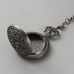 Vintage Alloy Flat Round Hollow Pocket Watch with Brass Curb Chain&nbsp;AJEW-WH0752-005B