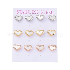 ハート 304 ステンレススチール シェル スタッド イヤリング  ピアスキャッチ付き  ミックスカラー  9x11mm  ピン：0.8mm  6ペア/カード&nbsp;STAS-D188-10