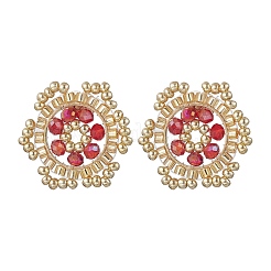 花のガラスシードビーズスタッドピアス  レッド  21.5x20mm&nbsp;EJEW-MZ00668-01