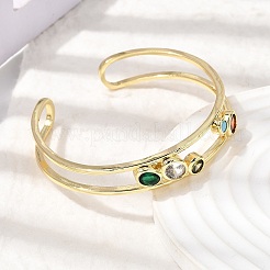Flat Round Brass Micro Pave Cubic Zirconia Double Layer Cuff Bangles for Women&nbsp;BJEW-K274-16G