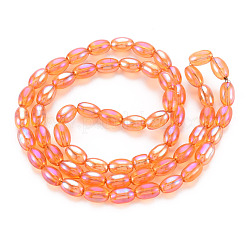 電気メッキ透明ガラスビーズ連売り  ABカラーメッキ  オーバル  サンゴ  6.5x4.5mm  穴：1mm  約60~65個/連  15.16~15.94インチ（38.5cm〜40.5cm）&nbsp;EGLA-T020-11-A01