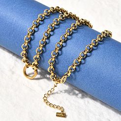 304ステンレススチール製スプリングゲートリングペンダントローロチェーンネックレス（女性用）  イオンプレーティング（ip）  18KGP本金メッキ  17.68インチ（44.9cm）&nbsp;NJEW-Z091-04G