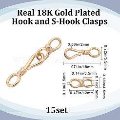 真鍮フックとS字フック留め具15個  ニッケルフリー  18KGP本金メッキ  18x5.5x2mm  12x4.5x2.5mm&nbsp;KK-BBC0009-36
