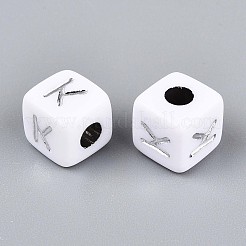 不透明なアクリルビーズ  文字付きのキューブ  シルバーライン入り  文字k  9~10x9~10x9~10mm  穴：4mm  約625個/500g&nbsp;SACR-T035-03K