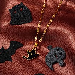 ハロウィン 304ステンレススチール エナメルペンダントネックレス  ユニセックスの金メッキダップチェーン付き  ゴースト  ブラック  15.75インチ（40cm）&nbsp;VV4632