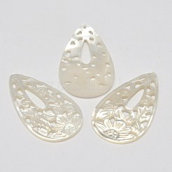 天然マザーオブパールシェルペンダント  ティアドロップ  ホワイト  37x21x1.5mm  穴：1mm&nbsp;SSHEL-L002-13