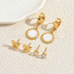 3 Pairs Stainless Steel Shell Flat Round & Butterfly Earring Sets&nbsp;IX5704