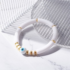 ナザールボンジュウランプワークビーズストレッチブレスレット  分厚いチューブビーズブレスレット  女性用ポリマークレイビーズ＆合成ヘマタイト＆アクリルブレスレット  ホワイト  ホワイト  内径：2-1/8インチ（5.4cm）&nbsp;BJEW-JB07222-02