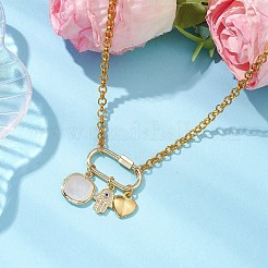 鉄と天然ローズクォーツのペンダントネックレス  ハムサの手とハートのチャームネックレス  ゴールドカラー  20.75インチ（52.7cm）&nbsp;NJEW-JN04905