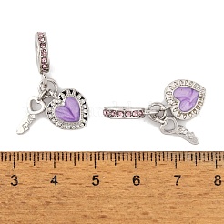 ラックメッキ合金ライトローズラインストーンヨーロピアンダングルチャーム  キーとハートの大きな穴のペンダント（エナメル）  プラチナ  スミレ  27.5mm  穴：4.5mm&nbsp;FIND-C055-27P-02