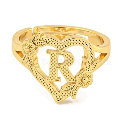 Heart with Letter & Flower Rack Plating Brass Adjustable Rings for Women&nbsp;RJEW-I105-05G-R
