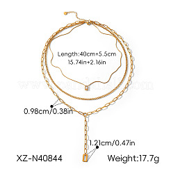 304ステンレススチール製長方形タッセルペンダント付き3連チェーンネックレス（女性用）  18KGP本金メッキ  15.75インチ（40cm）&nbsp;WGAA594-01