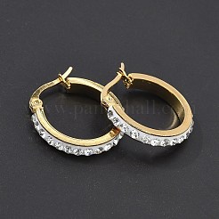 304ステンレススチールフープピアス  ポリマークレイとラインストーン付き  リング  ゴールドカラー  クリスタル  22x21x3.5mm  ピン：1x0.8mm&nbsp;EJEW-N0031-11G