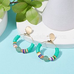 ナチュラルグリーンアベンチュリン＆ポリマークレイビーズビッグリングダングルスタッドピアス  女性用真鍮ドロップピアス  ゴールドカラー  47mm  ピン：0.7mm&nbsp;EJEW-TA00075-05