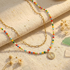 Boho Brass Crystal Rhinestone Religion Virgin Pendant Rainbow Glass Seed Beaded Double Layer Necklaces with Stainless Steel Paperclip Chains&nbsp;EI6810-1
