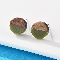 不透明な樹脂とクルミ材のスタッドピアス  316ステンレススチールピン付き  フラットラウンド  ダークオリーブグリーン  10mm  ピン：0.7mm&nbsp;X-EJEW-N017-008-B08