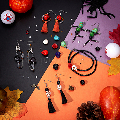 DIY ジェムストーン ハロウィン イヤリング & ブレスレット メイキング キット  合成ターコイズ スカル & コーラル ローズ & ガラス シード & 合金 & アクリル ビーズを含む  ポリコットンタッセルペンダント  アイアン製ピアスフック  ミックスカラー  宝石ビーズ：42個/箱&nbsp;DIY-PH0008-84