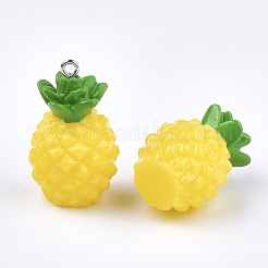 樹脂チャーム  プラチナメッキ鉄パーツ  模造食品  パイナップル  きいろ  32~33x19~20x18~19mm  穴：2mm&nbsp;X-RESI-T028-51