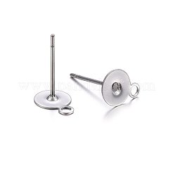 変色しない304ステンレススチールスタッドピアス金具  カン付き  フラットラウンド  ステンレス鋼色  12x6x0.4mm  穴：1.5mm  ピン：0.8mm&nbsp;STAS-P210-43P