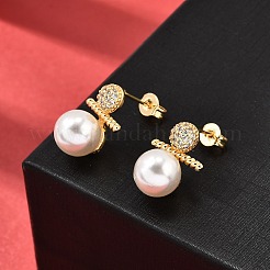 ラウンド真鍮マイクロパヴェクリアキュービックジルコニアスタッドピアス  プラスチック模造パールと  カドミウムフリー＆鉛フリー  ゴールドカラー  16x11.5mm&nbsp;EJEW-A135-25G