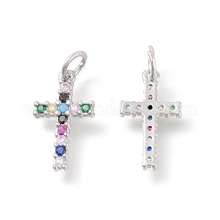 真鍮製マイクロパヴェキュービックジルコニアペンダント  カドミウムフリー＆鉛フリー  クロス  カラフル  プラチナ  16x9x2mm  穴：3mm&nbsp;X-ZIRC-F106-01P