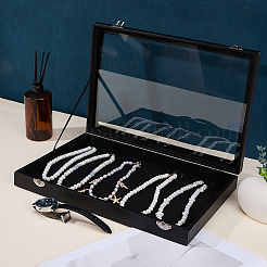 木製でPUレザー製のネックレスディスプレイケース  ガラス窓付き蓋  長方形  ブラック  35x34x4.7cm&nbsp;AJEW-WH20054-340A