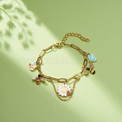 合金エナメルフラワー＆ビー＆バタフライチャームブレスレット、ペーパークリップチェーン付き  女性用金メッキ 304 ステンレススチールジュエリー  カラフル  6-7/8インチ（17.6cm）&nbsp;BJEW-JB08702