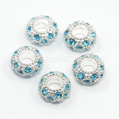 合金ラインストーンのヨーロッパのビーズ  大穴ビーズ  ロンデル  銀色のメッキ  アクアマリン  11x6mm  穴：5mm&nbsp;CPDL-H999-4