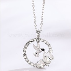 女性用鳥と花の合金クリスタルラインストーンペンダントネックレス付きリング  プラチナ  17.72インチ（45cm）&nbsp;FS-WG60F90-01