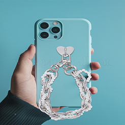 携帯電話ケースの装飾用アルミリンクチェーン  ABSプラスチック模造真珠と亜鉛合金の携帯電話ハートホルダースタンド付き  プラチナ  290x15mm&nbsp;AJEW-LP0005-20P