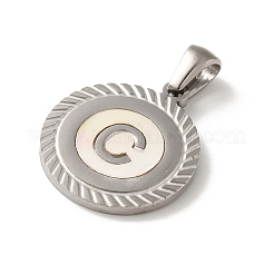 304ステンレスペンダント  文字入りのフラットラウンドい貝殻チャーム  ステンレス鋼色  文字C  20.5x17.5x1.5mm  穴：2.5x4.5mm&nbsp;STAS-I204-C-P