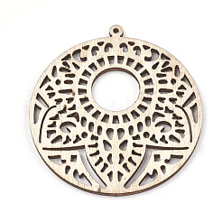 未染色の木の大きなペンダント  DIYのジュエリー作成と製作用  フラットラウンド  小麦  64x60x3mm  穴：1.8mm&nbsp;X-WOOD-T008-42