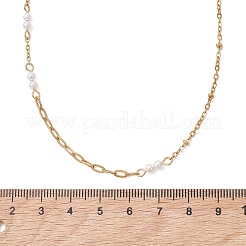 304ステンレススチールとホワイトラウンドシェルパールのハンドメイドリンクチェーンネックレス  ゴールドカラー  15.59インチ（39.6cm）&nbsp;NJEW-JN05990