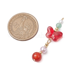 天然カーネリアンとガラスのペンダント  蝶  金色の真鍮トーンループ付き  レッド  47x14.5x8mm  穴：1.6mm&nbsp;PALLOY-JF03192-08